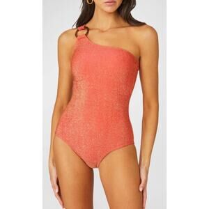 Shoshanna Hot Coral Glitter One Shoulder One Piece Swim Bathing Suit 8 NWT